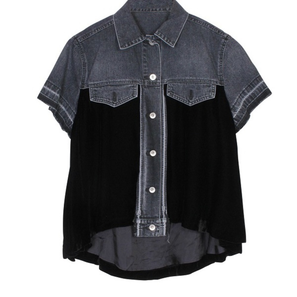 Sacai short-sleeved distressed grey denim and velvet shirt